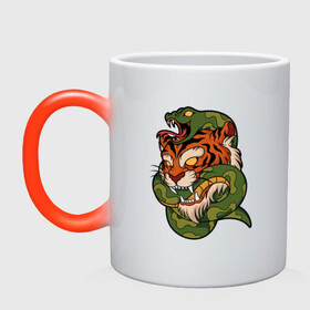 Кружка хамелеон с принтом Тигр кусает змею в Кировске, керамика | меняет цвет при нагревании, емкость 330 мл | битва | змея | кобра | тигр | хищники | яд