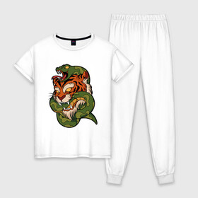 Женская пижама хлопок с принтом Тигр кусает змею в Кировске, 100% хлопок | брюки и футболка прямого кроя, без карманов, на брюках мягкая резинка на поясе и по низу штанин | битва | змея | кобра | тигр | хищники | яд