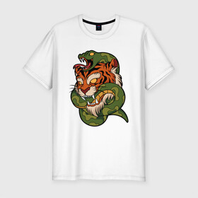 Мужская футболка хлопок Slim с принтом Тигр кусает змею в Кировске, 92% хлопок, 8% лайкра | приталенный силуэт, круглый вырез ворота, длина до линии бедра, короткий рукав | битва | змея | кобра | тигр | хищники | яд