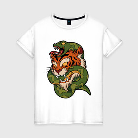Женская футболка хлопок с принтом Тигр кусает змею в Кировске, 100% хлопок | прямой крой, круглый вырез горловины, длина до линии бедер, слегка спущенное плечо | битва | змея | кобра | тигр | хищники | яд