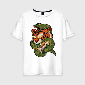 Женская футболка хлопок Oversize с принтом Тигр кусает змею в Кировске, 100% хлопок | свободный крой, круглый ворот, спущенный рукав, длина до линии бедер
 | битва | змея | кобра | тигр | хищники | яд