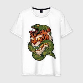 Мужская футболка хлопок с принтом Тигр кусает змею в Кировске, 100% хлопок | прямой крой, круглый вырез горловины, длина до линии бедер, слегка спущенное плечо. | битва | змея | кобра | тигр | хищники | яд