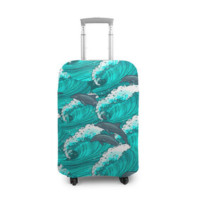 Чехол для чемодана 3D с принтом Дельфины в море в Кировске, 86% полиэфир, 14% спандекс | двустороннее нанесение принта, прорези для ручек и колес | dolphin | дельфин | дельфины | море | морские | на голубом | с дельфином