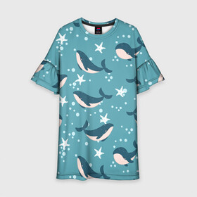 Детское платье 3D с принтом Киты в Кировске, 100% полиэстер | прямой силуэт, чуть расширенный к низу. Круглая горловина, на рукавах — воланы | whale | белый кит | кит | киты | морские | паттерн | синий кит