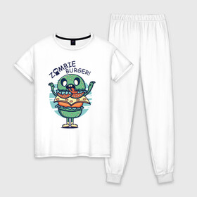 Женская пижама хлопок с принтом Zombie Burger! в Кировске, 100% хлопок | брюки и футболка прямого кроя, без карманов, на брюках мягкая резинка на поясе и по низу штанин | бургер | вредная еда | гамбургер | зомби | иллюстрация
