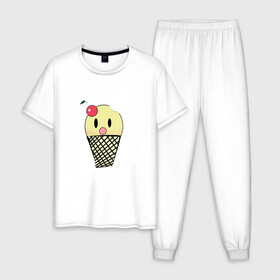 Мужская пижама хлопок с принтом  Мороженое Ice-cream в Кировске, 100% хлопок | брюки и футболка прямого кроя, без карманов, на брюках мягкая резинка на поясе и по низу штанин
 | вишня | мороженное | стаканчик | стоит | удивленное