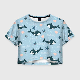 Женская футболка Crop-top 3D с принтом Косатки киты в Кировске, 100% полиэстер | круглая горловина, длина футболки до линии талии, рукава с отворотами | whale | касатка | кит | киты | косатка | косатки | морские | паттерн