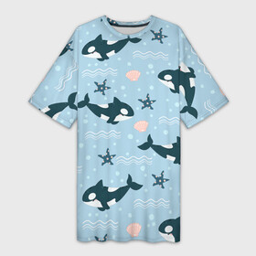 Платье-футболка 3D с принтом Косатки киты в Кировске,  |  | whale | касатка | кит | киты | косатка | косатки | морские | паттерн