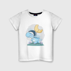 Детская футболка хлопок с принтом Динозаврик  в Кировске, 100% хлопок | круглый вырез горловины, полуприлегающий силуэт, длина до линии бедер | динозаврик | лужайка | луна | ночная шапочка | ночник | ночь | сон | цветы