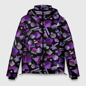 Мужская зимняя куртка 3D с принтом Геометрический фиолетовый в Кировске, верх — 100% полиэстер; подкладка — 100% полиэстер; утеплитель — 100% полиэстер | длина ниже бедра, свободный силуэт Оверсайз. Есть воротник-стойка, отстегивающийся капюшон и ветрозащитная планка. 

Боковые карманы с листочкой на кнопках и внутренний карман на молнии. | abstraction | black | dark | geometric | violet | абстракция | геометрический | геометрия | квадрат | круг | линии | темный | треугольник | фиолетовый | черный