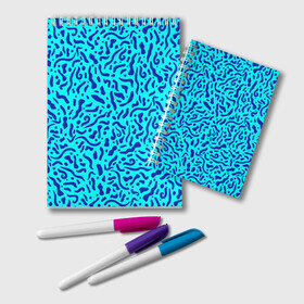 Блокнот с принтом Неоновые синие узоры в Кировске, 100% бумага | 48 листов, плотность листов — 60 г/м2, плотность картонной обложки — 250 г/м2. Листы скреплены удобной пружинной спиралью. Цвет линий — светло-серый
 | abstract | blue | neon | sea | абстракционизм | абстракция | африканские | вода | волны | голубые узоры | камуфляж | лагуна | линии | мелкий узор | мемфис | море | морское | неоновый | орнамент | пятна | пятнистый