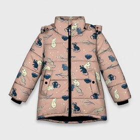 Зимняя куртка для девочек 3D с принтом мышки в японском стиле в Кировске, ткань верха — 100% полиэстер; подклад — 100% полиэстер, утеплитель — 100% полиэстер. | длина ниже бедра, удлиненная спинка, воротник стойка и отстегивающийся капюшон. Есть боковые карманы с листочкой на кнопках, утяжки по низу изделия и внутренний карман на молнии. 

Предусмотрены светоотражающий принт на спинке, радужный светоотражающий элемент на пуллере молнии и на резинке для утяжки. | анималистический паттерн. | бесшовный паттерн | в японском стиле | мыши | розовый | сакура | япония
