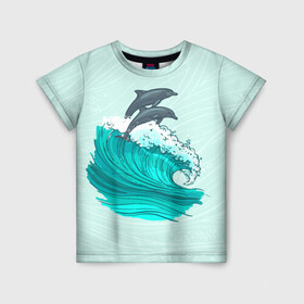 Детская футболка 3D с принтом Два дельфина в Кировске, 100% гипоаллергенный полиэфир | прямой крой, круглый вырез горловины, длина до линии бедер, чуть спущенное плечо, ткань немного тянется | dolphin | волна | два дельфина | дельфин | дельфины | море | морские | на голубом | с дельфином