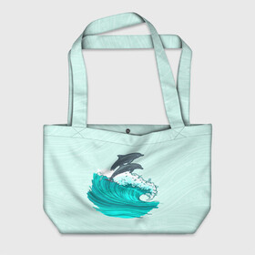 Пляжная сумка 3D с принтом Два дельфина в Кировске, 100% полиэстер | застегивается на металлическую кнопку; внутренний карман застегивается на молнию. Стенки укреплены специальным мягким материалом, чтобы защитить содержимое от несильных ударов
 | dolphin | волна | два дельфина | дельфин | дельфины | море | морские | на голубом | с дельфином