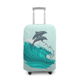 Чехол для чемодана 3D с принтом Два дельфина в Кировске, 86% полиэфир, 14% спандекс | двустороннее нанесение принта, прорези для ручек и колес | dolphin | волна | два дельфина | дельфин | дельфины | море | морские | на голубом | с дельфином
