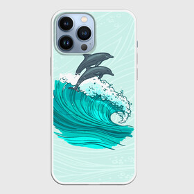 Чехол для iPhone 13 Pro Max с принтом Два дельфина в Кировске,  |  | dolphin | волна | два дельфина | дельфин | дельфины | море | морские | на голубом | с дельфином