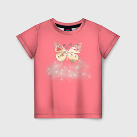 Детская футболка 3D с принтом Блестящая бабочка в Кировске, 100% гипоаллергенный полиэфир | прямой крой, круглый вырез горловины, длина до линии бедер, чуть спущенное плечо, ткань немного тянется | insects | pink girls | бабочка | блёстки | опыление | пыльца | розовое