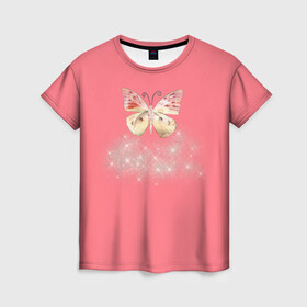 Женская футболка 3D с принтом Блестящая бабочка в Кировске, 100% полиэфир ( синтетическое хлопкоподобное полотно) | прямой крой, круглый вырез горловины, длина до линии бедер | insects | pink girls | бабочка | блёстки | опыление | пыльца | розовое