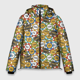 Мужская зимняя куртка 3D с принтом Покерные Фишки в Кировске, верх — 100% полиэстер; подкладка — 100% полиэстер; утеплитель — 100% полиэстер | длина ниже бедра, свободный силуэт Оверсайз. Есть воротник-стойка, отстегивающийся капюшон и ветрозащитная планка. 

Боковые карманы с листочкой на кнопках и внутренний карман на молнии. | 777 | cards | casino | chips | flash | fortune | game | joker | luck | omaha | poker | roulette | straight | texas holdem | tournament | азарт | джокер | игра | казино | карты | омаха | покер | рулетка | стрит | техасский холдэм | турнир | удача | фишки |