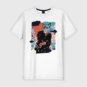 Мужская футболка хлопок Slim с принтом Business Cat в Кировске, 92% хлопок, 8% лайкра | приталенный силуэт, круглый вырез ворота, длина до линии бедра, короткий рукав | money | бизнес | иллюстрация | киска | кот мем | котик