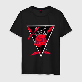 Мужская футболка хлопок с принтом Rose And eye в Кировске, 100% хлопок | прямой крой, круглый вырез горловины, длина до линии бедер, слегка спущенное плечо. | геометрия | глаз | красная | красный | пентаграмма | роза | треугольник