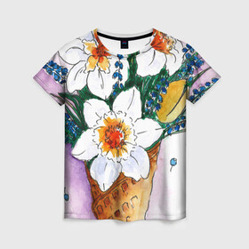 Женская футболка 3D с принтом Цветы в Кировске, 100% полиэфир ( синтетическое хлопкоподобное полотно) | прямой крой, круглый вырез горловины, длина до линии бедер | акварель | весна | красивые картинки | лето | мороженое | нарциссы | тренд | цветы