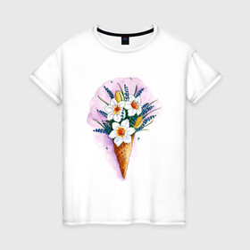 Женская футболка хлопок с принтом Цветы в Кировске, 100% хлопок | прямой крой, круглый вырез горловины, длина до линии бедер, слегка спущенное плечо | акварель | весна | красивые картинки | лето | мороженое | нарциссы | тренд | цветы