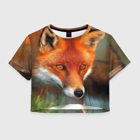 Женская футболка Crop-top 3D с принтом Лисица охотница в Кировске, 100% полиэстер | круглая горловина, длина футболки до линии талии, рукава с отворотами | fox | foxy | животное | звери | лиса | лисенок | лисичка | милая | рыжая | фокс