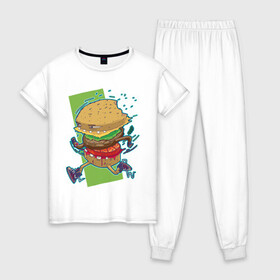 Женская пижама хлопок с принтом Fast Food в Кировске, 100% хлопок | брюки и футболка прямого кроя, без карманов, на брюках мягкая резинка на поясе и по низу штанин | art | burger | cheese | cutlet | fast food | food | hamburger | salad | sandwich | арт | бургер | бутерброд | гамбургер | еда | котлета | салат | сыр | фаст фуд
