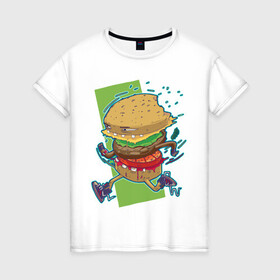 Женская футболка хлопок с принтом Fast Food в Кировске, 100% хлопок | прямой крой, круглый вырез горловины, длина до линии бедер, слегка спущенное плечо | art | burger | cheese | cutlet | fast food | food | hamburger | salad | sandwich | арт | бургер | бутерброд | гамбургер | еда | котлета | салат | сыр | фаст фуд