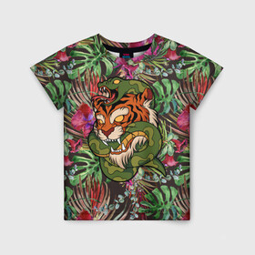 Детская футболка 3D с принтом Тигр кусает змею в Кировске, 100% гипоаллергенный полиэфир | прямой крой, круглый вырез горловины, длина до линии бедер, чуть спущенное плечо, ткань немного тянется | битва | змея | кобра | тигр | хищники | яд