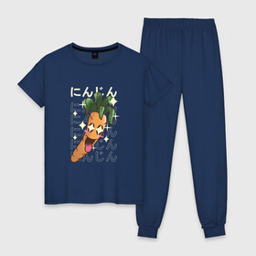Женская пижама хлопок с принтом Японская кавайная морковка в Кировске, 100% хлопок | брюки и футболка прямого кроя, без карманов, на брюках мягкая резинка на поясе и по низу штанин | anime | art | carrot | carrots | cute | fashion | japan | japanese | kanji | kawaii | manga | vegan | vegetables | алфавит | аниме | арт | в японском стиле | веган | кандзи | манга | милота | морковь | овощ | овощи | смех | японские буквы | япо