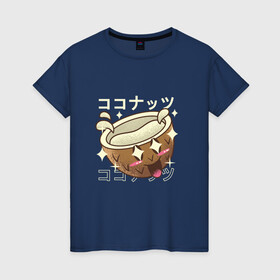 Женская футболка хлопок с принтом Японский кавайный кокос в Кировске, 100% хлопок | прямой крой, круглый вырез горловины, длина до линии бедер, слегка спущенное плечо | anime | art | coconut | cute | fashion | japan | japanese | kanji | kawaii | manga | nut | nuts | palm | алфавит | аниме | арт | в японском стиле | кандзи | кокосик | манга | милота | орех | орехи | плоды | с пальмы | смех | японские буквы | яп