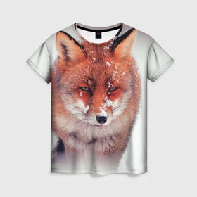 Женская футболка 3D с принтом Лисица и снег в Кировске, 100% полиэфир ( синтетическое хлопкоподобное полотно) | прямой крой, круглый вырез горловины, длина до линии бедер | fox | foxy | животное | звери | лиса | лисенок | лисичка | милая | рыжая | фокс