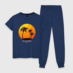 Женская пижама хлопок с принтом Лето, пальмы, Калифорния в Кировске, 100% хлопок | брюки и футболка прямого кроя, без карманов, на брюках мягкая резинка на поясе и по низу штанин | beach | california | club | palm | party | sea | summer | tropical | вечеринка | волны | жара | калифорния | летние | лето | море | пальмы | пляж | тропический