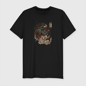 Мужская футболка хлопок Slim с принтом Warrior on Skull в Кировске, 92% хлопок, 8% лайкра | приталенный силуэт, круглый вырез ворота, длина до линии бедра, короткий рукав | samurai | войн | иероглифы | монстр | ниндзя | рыцарь | самурай | скелет | череп | япония