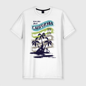 Мужская футболка хлопок Slim с принтом CALIFORNIA BEECH в Кировске, 92% хлопок, 8% лайкра | приталенный силуэт, круглый вырез ворота, длина до линии бедра, короткий рукав | beech | california | retro | sea | summer | usa | каникулы | лето | море | отдых | пальмы | пляж | ретро | тропики
