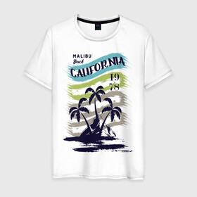 Мужская футболка хлопок с принтом CALIFORNIA BEECH в Кировске, 100% хлопок | прямой крой, круглый вырез горловины, длина до линии бедер, слегка спущенное плечо. | beech | california | retro | sea | summer | usa | каникулы | лето | море | отдых | пальмы | пляж | ретро | тропики