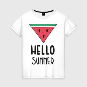 Женская футболка хлопок с принтом HELLO SUMMER в Кировске, 100% хлопок | прямой крой, круглый вырез горловины, длина до линии бедер, слегка спущенное плечо | Тематика изображения на принте: funny | happy | hello | icecream | rainbow | romantic | summer | sun | арбуз | веселье | значки | лето | отдых | отпуск | привет | романтика | солнце | счастье | тепло