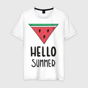 Мужская футболка хлопок с принтом HELLO SUMMER в Кировске, 100% хлопок | прямой крой, круглый вырез горловины, длина до линии бедер, слегка спущенное плечо. | funny | happy | hello | icecream | rainbow | romantic | summer | sun | арбуз | веселье | значки | лето | отдых | отпуск | привет | романтика | солнце | счастье | тепло