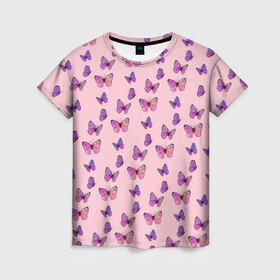 Женская футболка 3D с принтом Бабочки фиолетовые 2 в Кировске, 100% полиэфир ( синтетическое хлопкоподобное полотно) | прямой крой, круглый вырез горловины, длина до линии бедер | бабочка | бабочки | насекомые | нежный | рисунок | роза | сирень | цветочек | цветочный | цветы