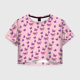 Женская футболка Crop-top 3D с принтом Бабочки фиолетовые 2 в Кировске, 100% полиэстер | круглая горловина, длина футболки до линии талии, рукава с отворотами | бабочка | бабочки | насекомые | нежный | рисунок | роза | сирень | цветочек | цветочный | цветы