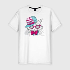 Мужская футболка хлопок Slim с принтом Cool Cat в Кировске, 92% хлопок, 8% лайкра | приталенный силуэт, круглый вырез ворота, длина до линии бедра, короткий рукав | белый кот | иллюстрация | киска | котик | сats