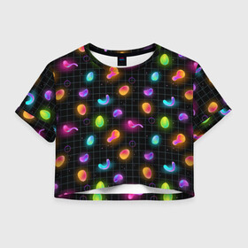 Женская футболка Crop-top 3D с принтом Ночные фонарики-светлячки в Кировске, 100% полиэстер | круглая горловина, длина футболки до линии талии, рукава с отворотами | абстракция | неон | ночь | паттерн | свет | светлячки | текстуры | узоры | чипсы