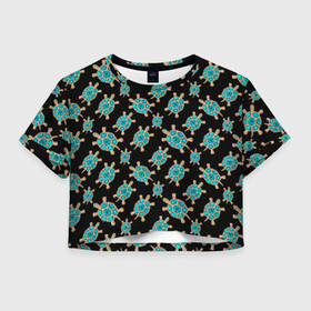 Женская футболка Crop-top 3D с принтом Бирюзовые черепашки брошка в Кировске, 100% полиэстер | круглая горловина, длина футболки до линии талии, рукава с отворотами | бирюзовая черепашка | брошка | укращение | черепаха | черепашка