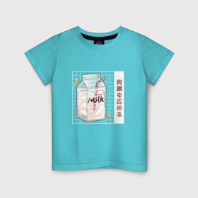 Детская футболка хлопок с принтом Японское кавайное молоко в Кировске, 100% хлопок | круглый вырез горловины, полуприлегающий силуэт, длина до линии бедер | anime | art | carton | cocktail | cute | food | japan | japanese | kanji | kawaii | manga | milk | алфавит | аниме | арт | в японском стиле | звёзды | кандзи | картон | манга | милота | молочный коктейль | облака | стиль токио | японские буквы 