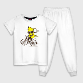 Детская пижама хлопок с принтом Банан на велосипеде в Кировске, 100% хлопок |  брюки и футболка прямого кроя, без карманов, на брюках мягкая резинка на поясе и по низу штанин
 | байк | банан | бананчик | велик | велосипед | живой банан | спорт