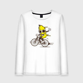 Женский лонгслив хлопок с принтом Банан на велосипеде в Кировске, 100% хлопок |  | байк | банан | бананчик | велик | велосипед | живой банан | спорт