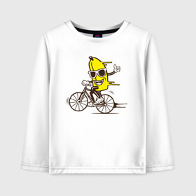 Детский лонгслив хлопок с принтом Банан на велосипеде в Кировске, 100% хлопок | круглый вырез горловины, полуприлегающий силуэт, длина до линии бедер | байк | банан | бананчик | велик | велосипед | живой банан | спорт