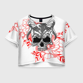 Женская футболка Crop-top 3D с принтом Череп с рогами в Кировске, 100% полиэстер | круглая горловина, длина футболки до линии талии, рукава с отворотами | рога | розы | сатана | цветы | череп | черепок